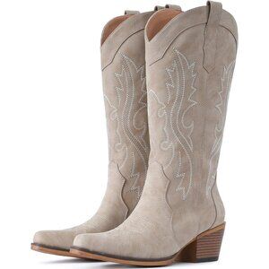 Women's Beige Western Cowgirl Chunky Heel Mid Calf Snip Toe Insteps Boots